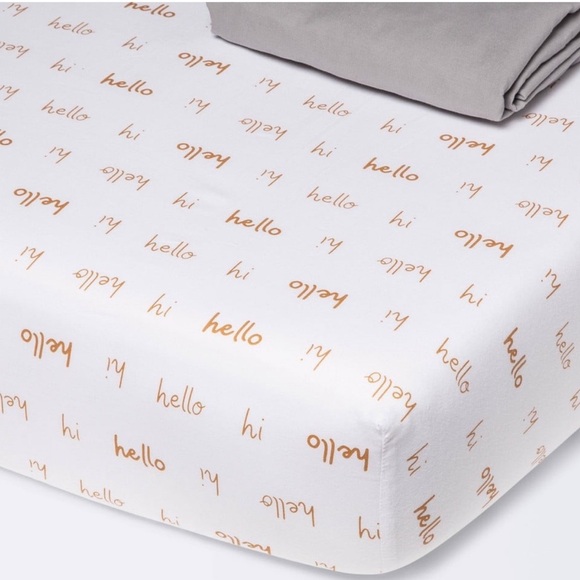 NWT Cloud Island Fitted Crib Sheet Gold White Hello Hi Print Unisex 2PK - Picture 1 of 1